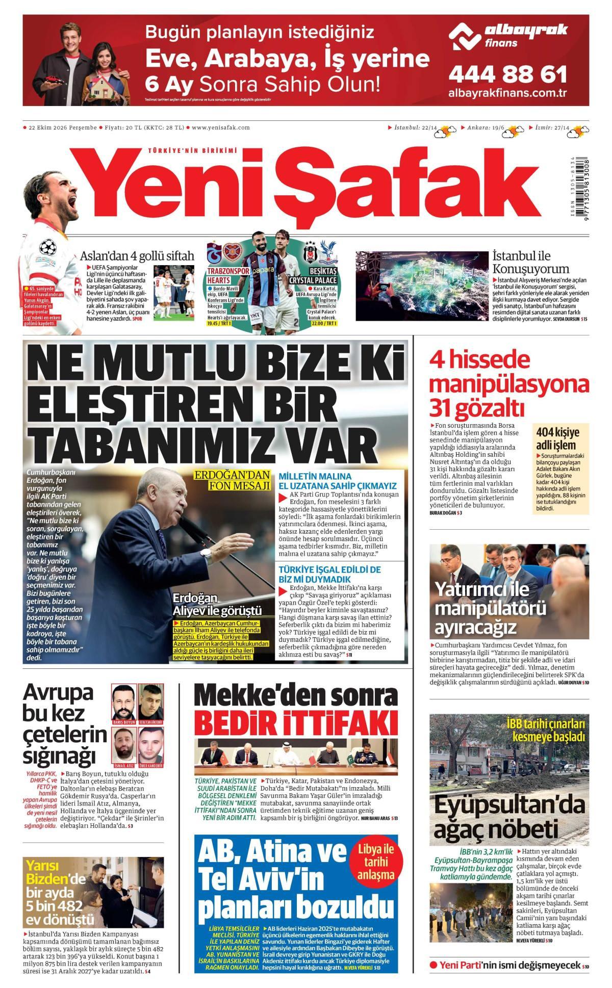 Yeni Şafak Gazetesi 1. Sayfa Manşeti