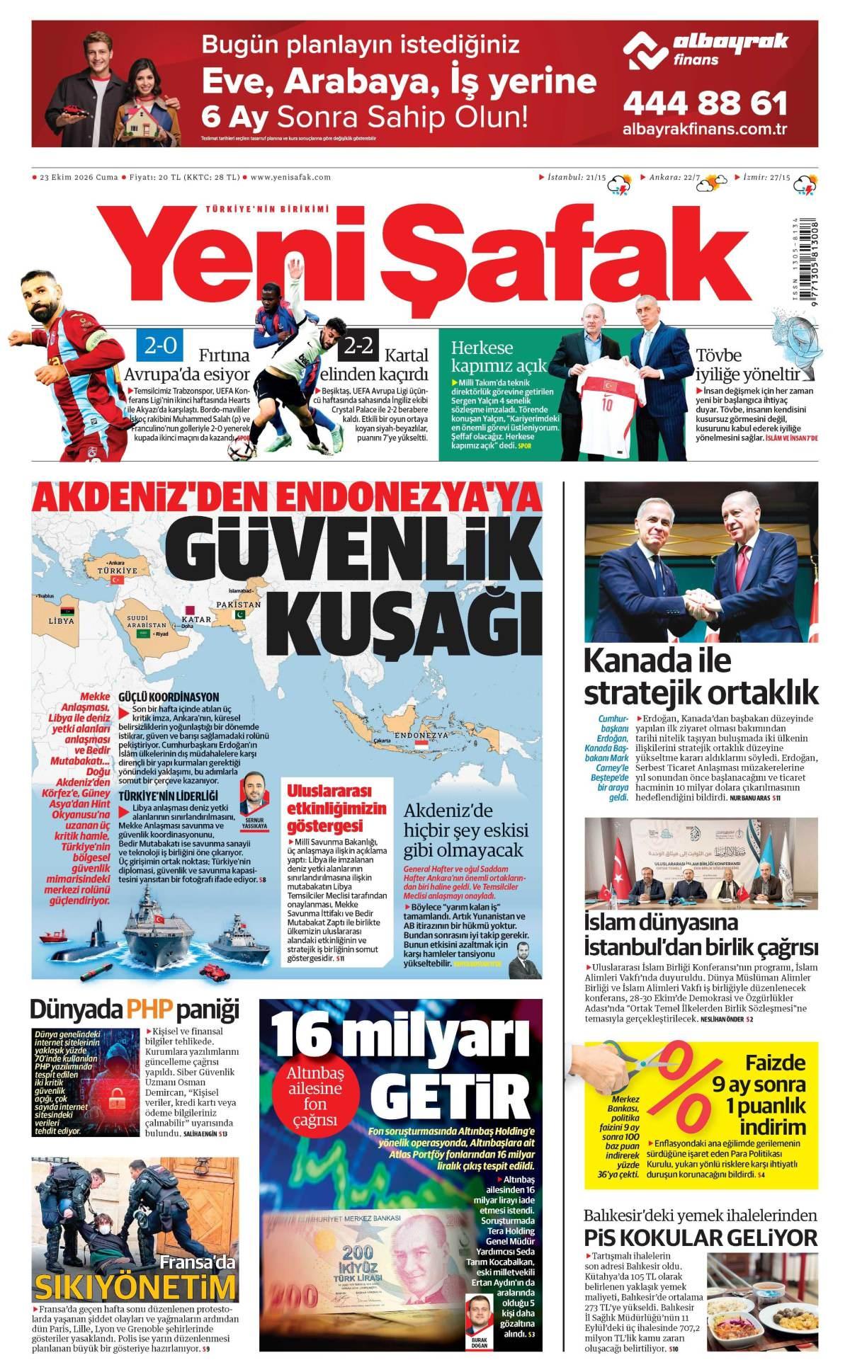 Yeni Şafak Gazetesi 1. Sayfa Manşeti