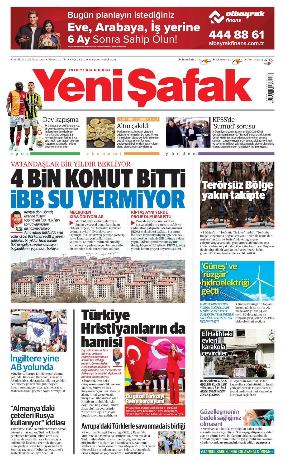 Yeni Şafak Gazetesi 1. Sayfa Manşeti