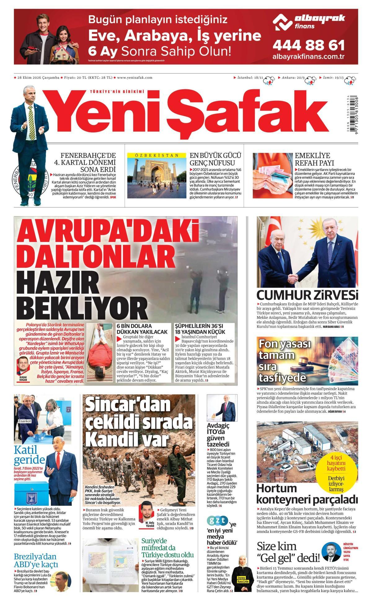 Yeni Şafak Gazetesi 1. Sayfa Manşeti