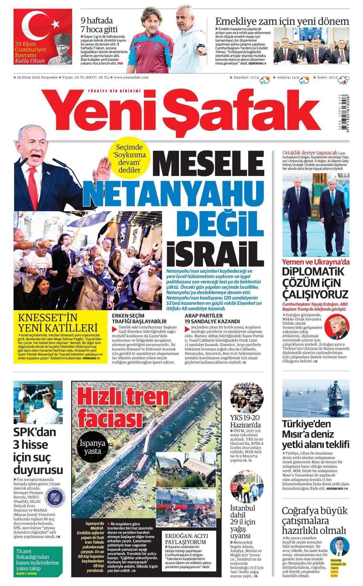 Yeni Şafak Gazetesi 1. Sayfa Manşeti