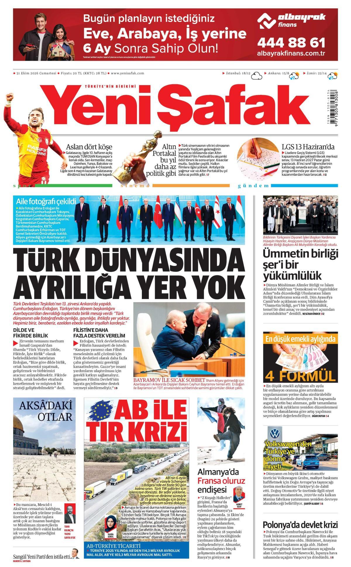 Yeni Şafak Gazetesi 1. Sayfa Manşeti